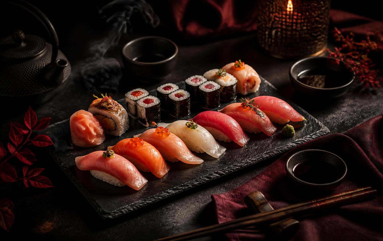 Sushi-Platte mit Nigiri und Maki auf schwarzem Schiefer